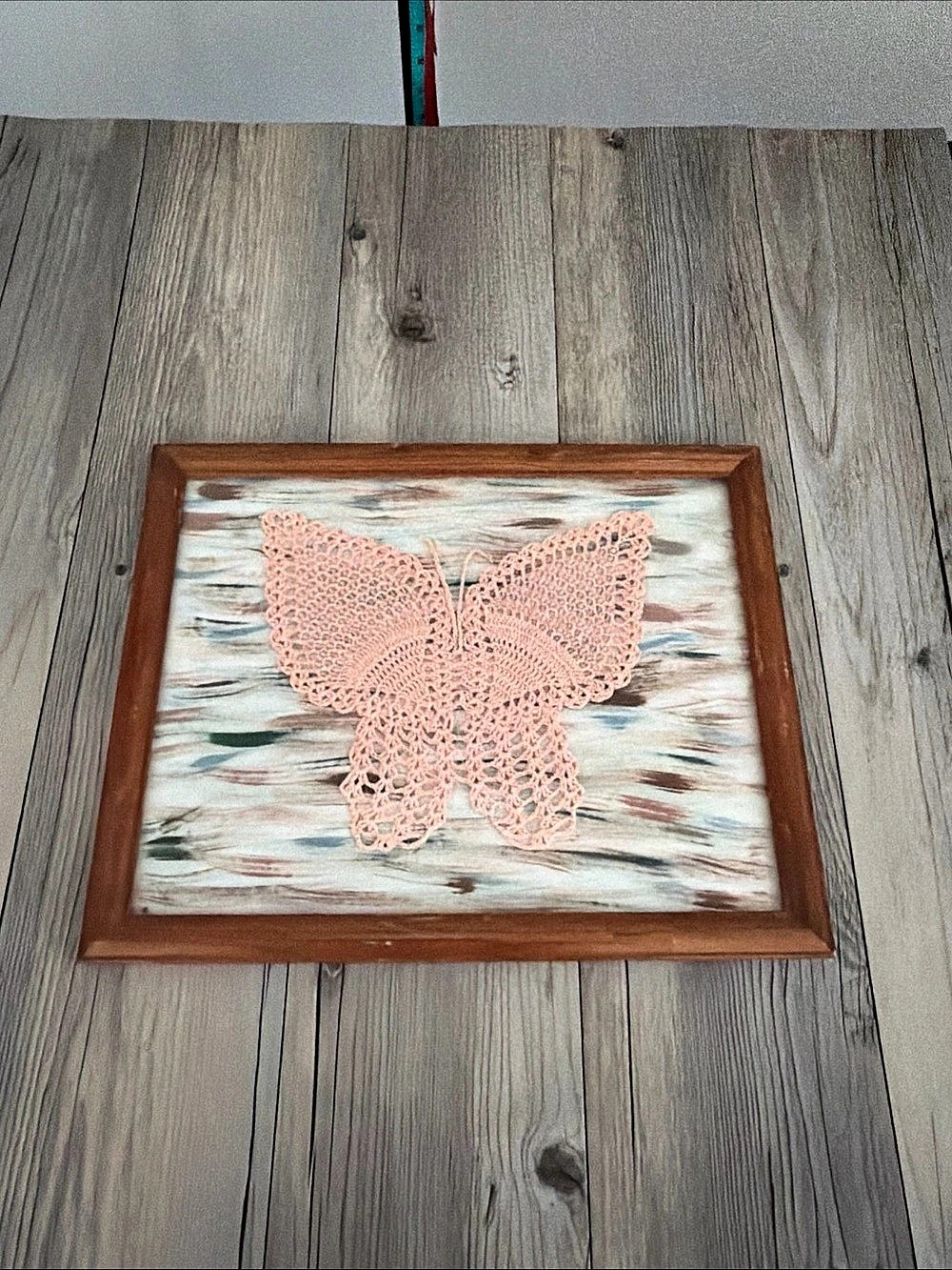 Vintage Handmade Crochet Butterfly Doily Framed Wall Art Intricate Lace